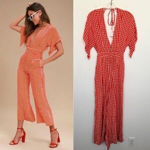 Faithfull the Brand Cedric Gingham Jumpsuit Red White Open Back Women Medium NEW